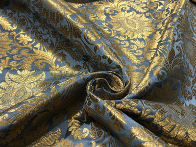 Silk Brocade fabric slate blue with metallic gold   jacquard  BRO1024[4]