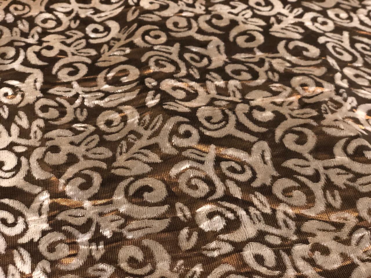 White Devore Viscose Burnout Velvet fabric 44" wide antique gold available in 2 designs floral & swirl motifs [18313/14]
