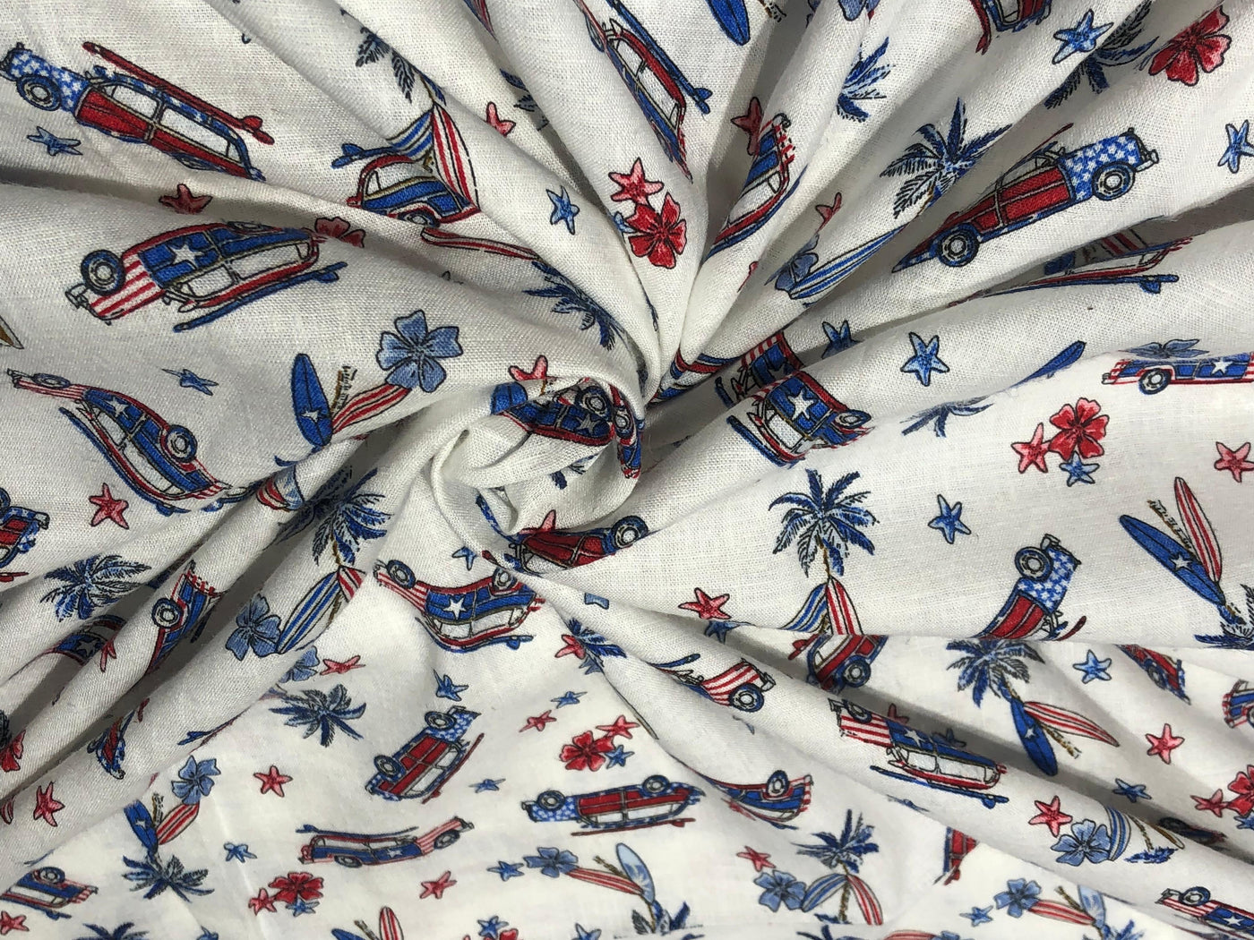 100% Cotton Linen  56" wide resort wear palm, surf board ,car  print [17289]