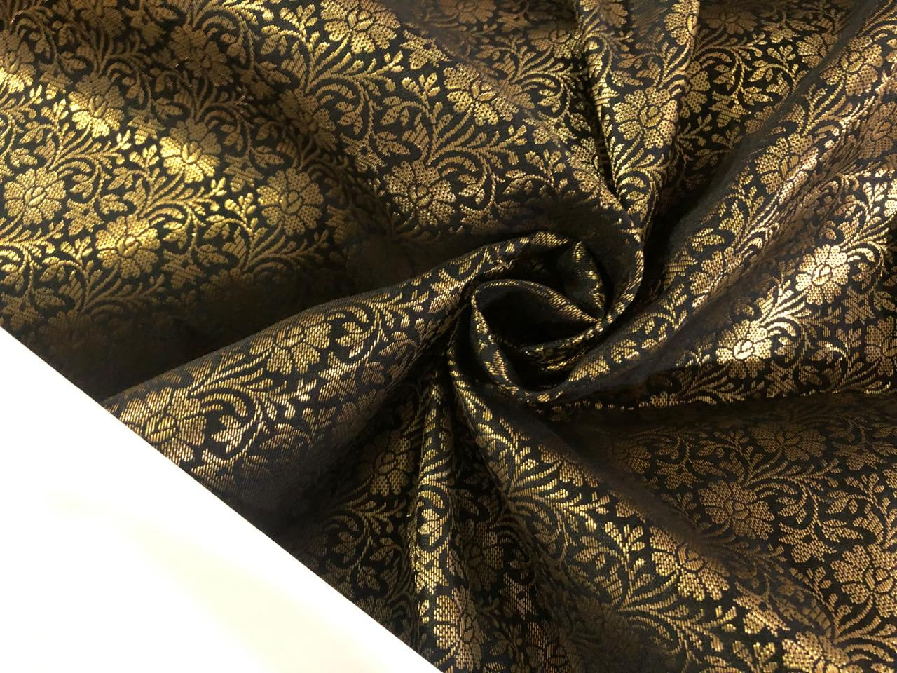 Silk Brocade fabric black with  gold floral jacquard  BRO1021[1]
