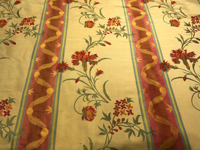 100% Silk Taffeta Jacquard Fabric golden brown  with red orange floral jacquard and stripes  54" wide TAFJACNEW24