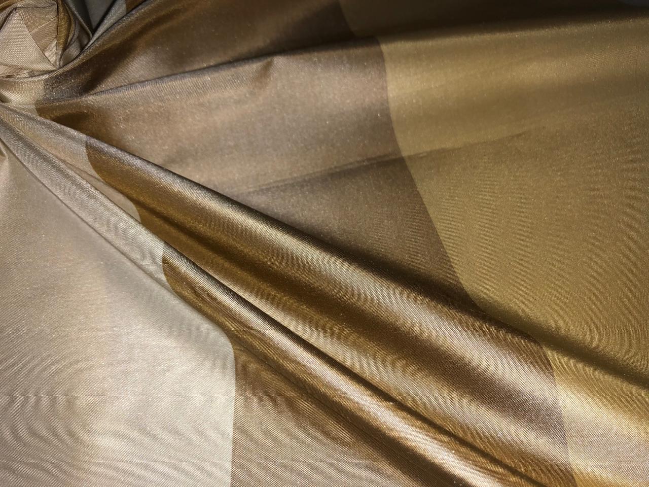 100%Silk taffeta excellent stripes in 3 colors 2 shades of gold and cream-4 inch wide each stripe 54" wide TAFS49