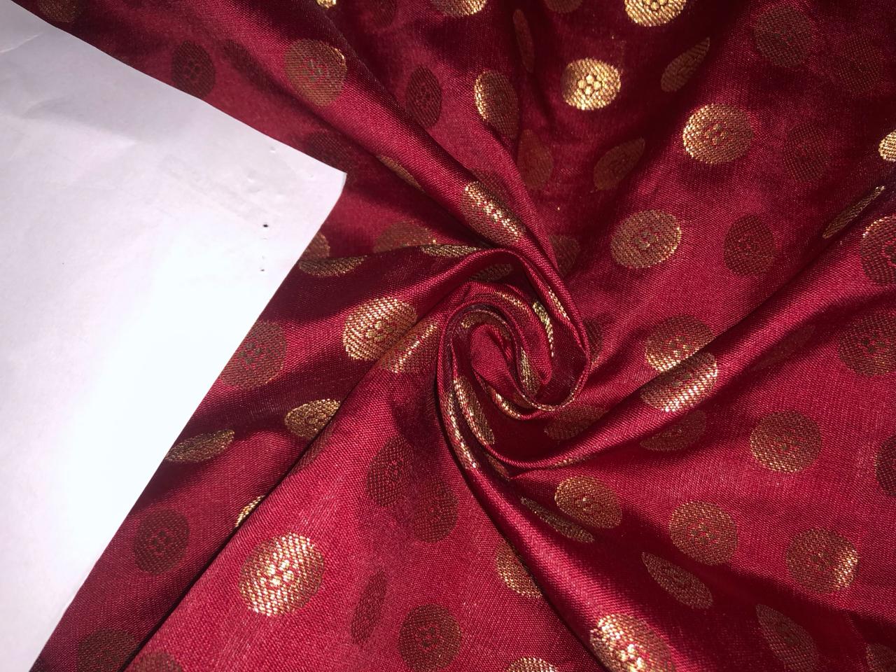 Silk Brocade fabric with Metallic gold circle motif Jacquard  44" wide available in 3 colors red wine, black and gold