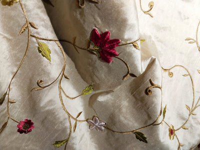 100% Dupioni SILK  fabric 110" wide IVORY WITH FLORAL EMBROIDERY [DUPEMB68_110"EMB]]