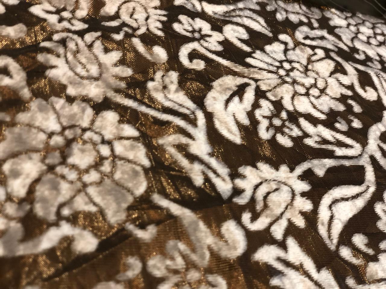 White Devore Viscose Burnout Velvet fabric 44" wide antique gold available in 2 designs floral & swirl motifs [18313/14]