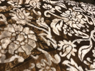White Devore Viscose Burnout Velvet fabric 44" wide antique gold available in 2 designs floral & swirl motifs [18313/14]