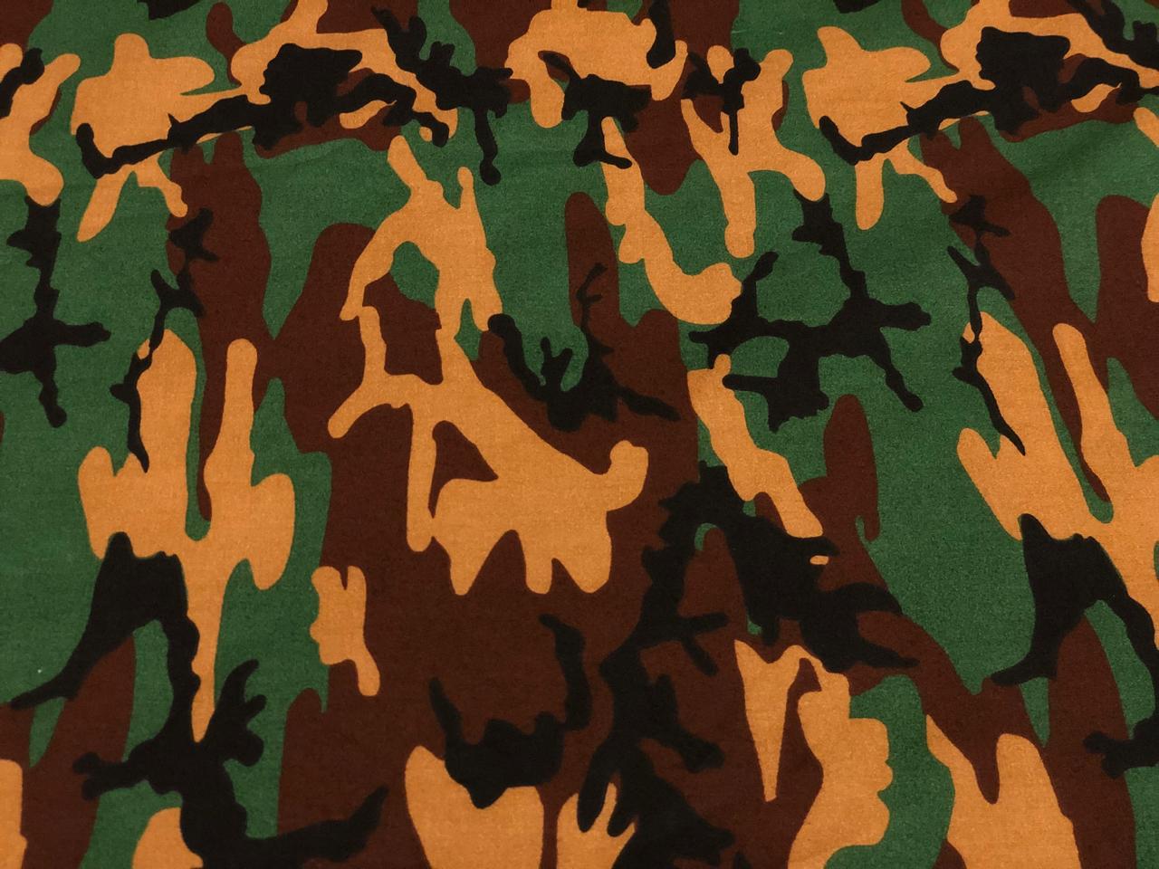 100% Cotton available in 2 prints and colors in the army  print 58" wide greens/ black and green/browns [18692/93]