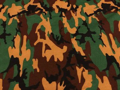 100% Cotton available in 2 prints and colors in the army  print 58" wide greens/ black and green/browns [18692/93]