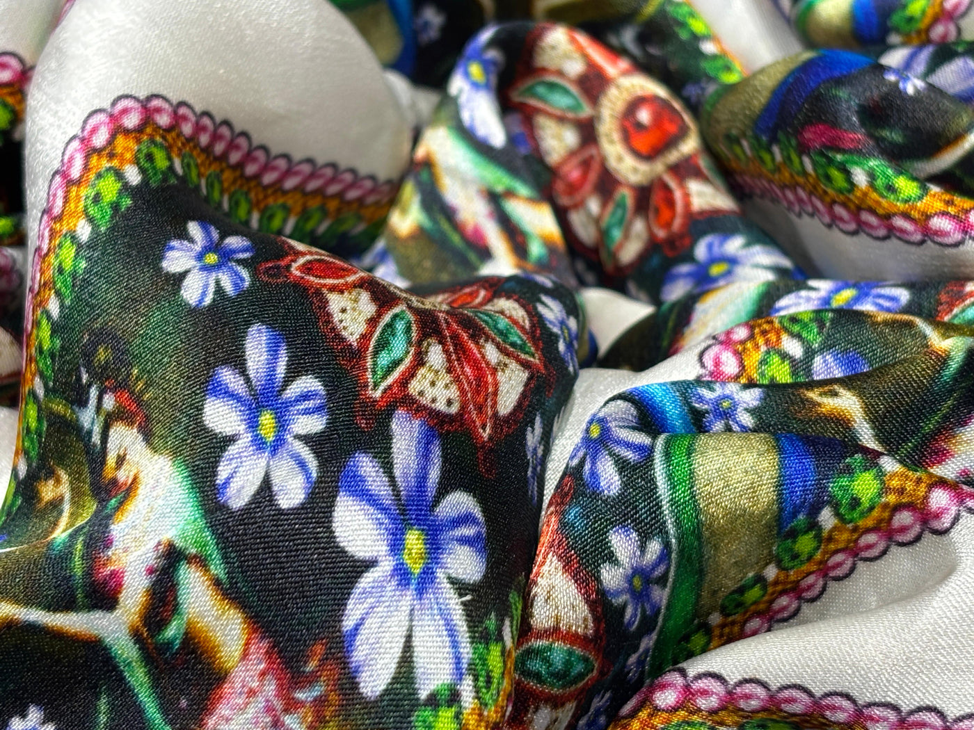 100% Pure Silk Satin 90 Grams Printed stripes of Indian classical dance with peacocks  44"Wide  Fabric [17792]