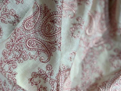 100% Linen  Kashmiri Embroidery available in 3 colors ivory with pink paisleys ,camel with navy paisley and ivory with beige paisley