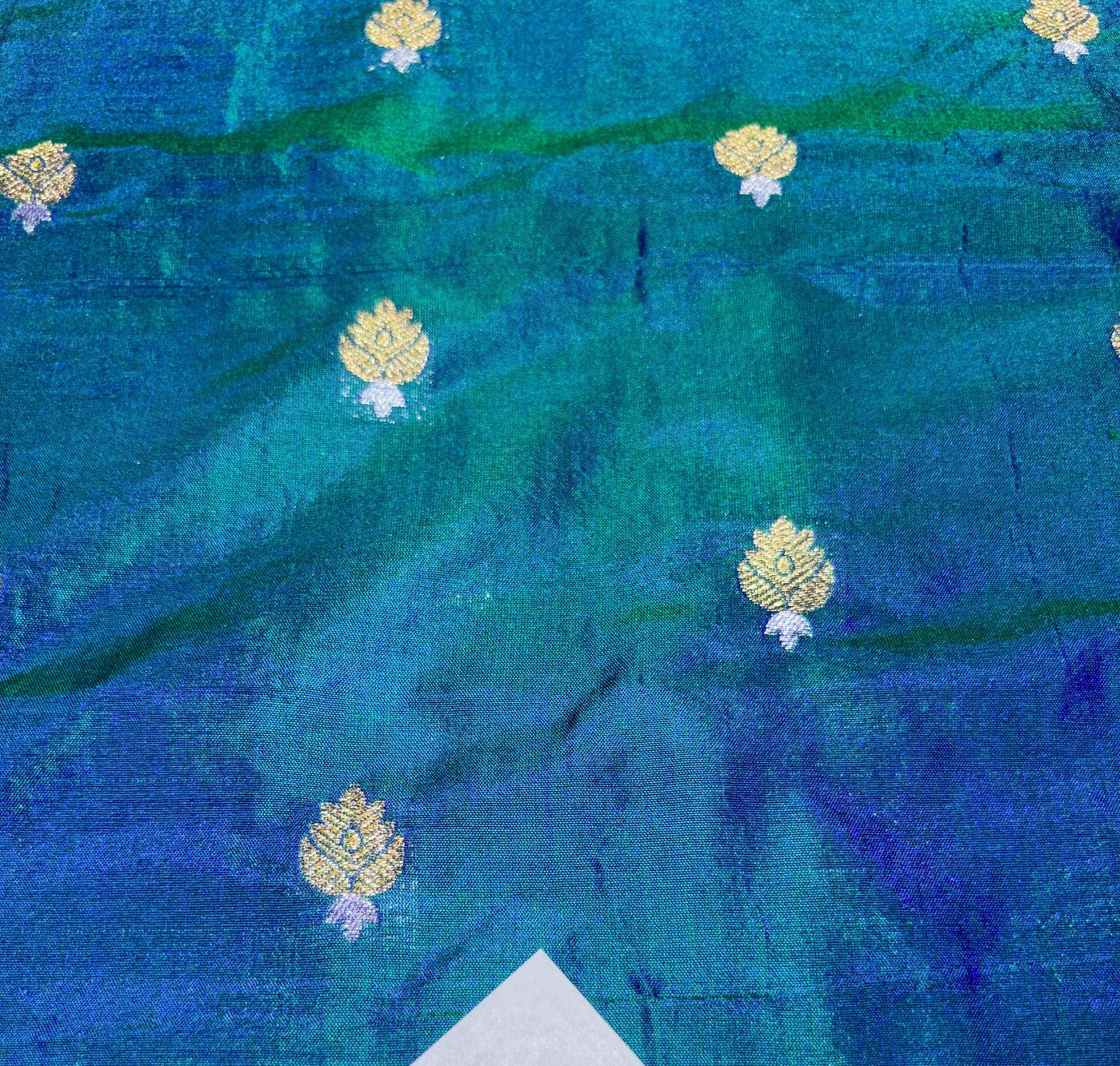 100% PURE Silk Brocade fabric 44" wide BLUE X GREEN [KINGFISHER BLUE]2 tone with small metallic gold ,silver motifs BRO914[6]