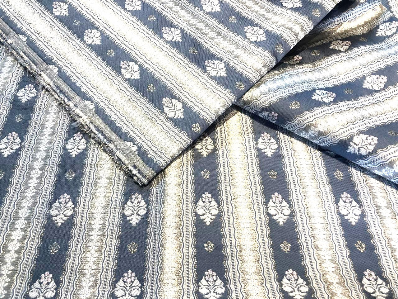 Silk Brocade fabric slate blue ,silver and white horizontal stripes with flower  motifs BRO1090[1]