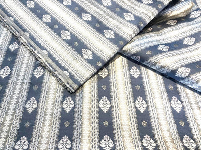 Silk Brocade fabric slate blue ,silver and white horizontal stripes with flower  motifs BRO1090[1]