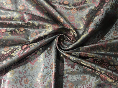 Silk Brocade fabric 44" wide silver grey with pink and yellow flowers  FLORAL JACQUARD  BRO959[3]