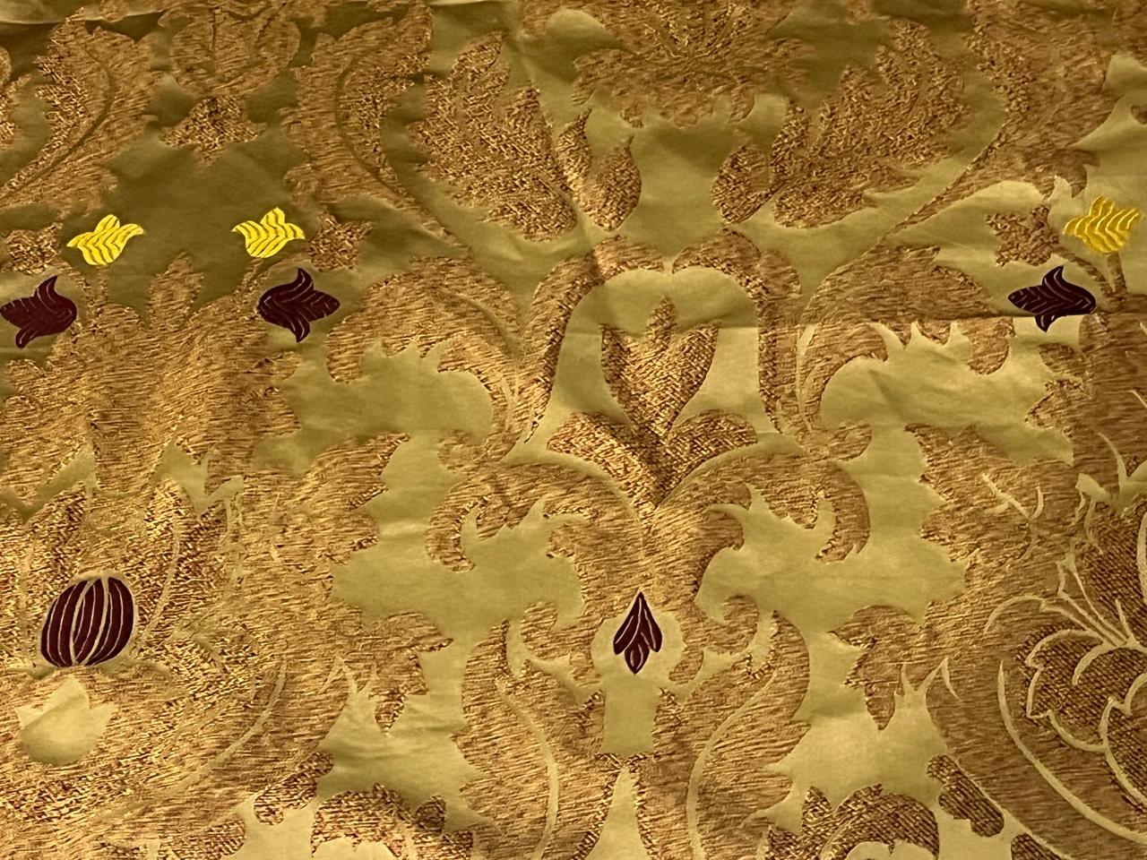 100% Silk Taffeta Jacquard Fabric  REVERSABLE one side floral gold  with yellow gold and wine stripes and other side floral gold with hints of wine TAFJACNEW18