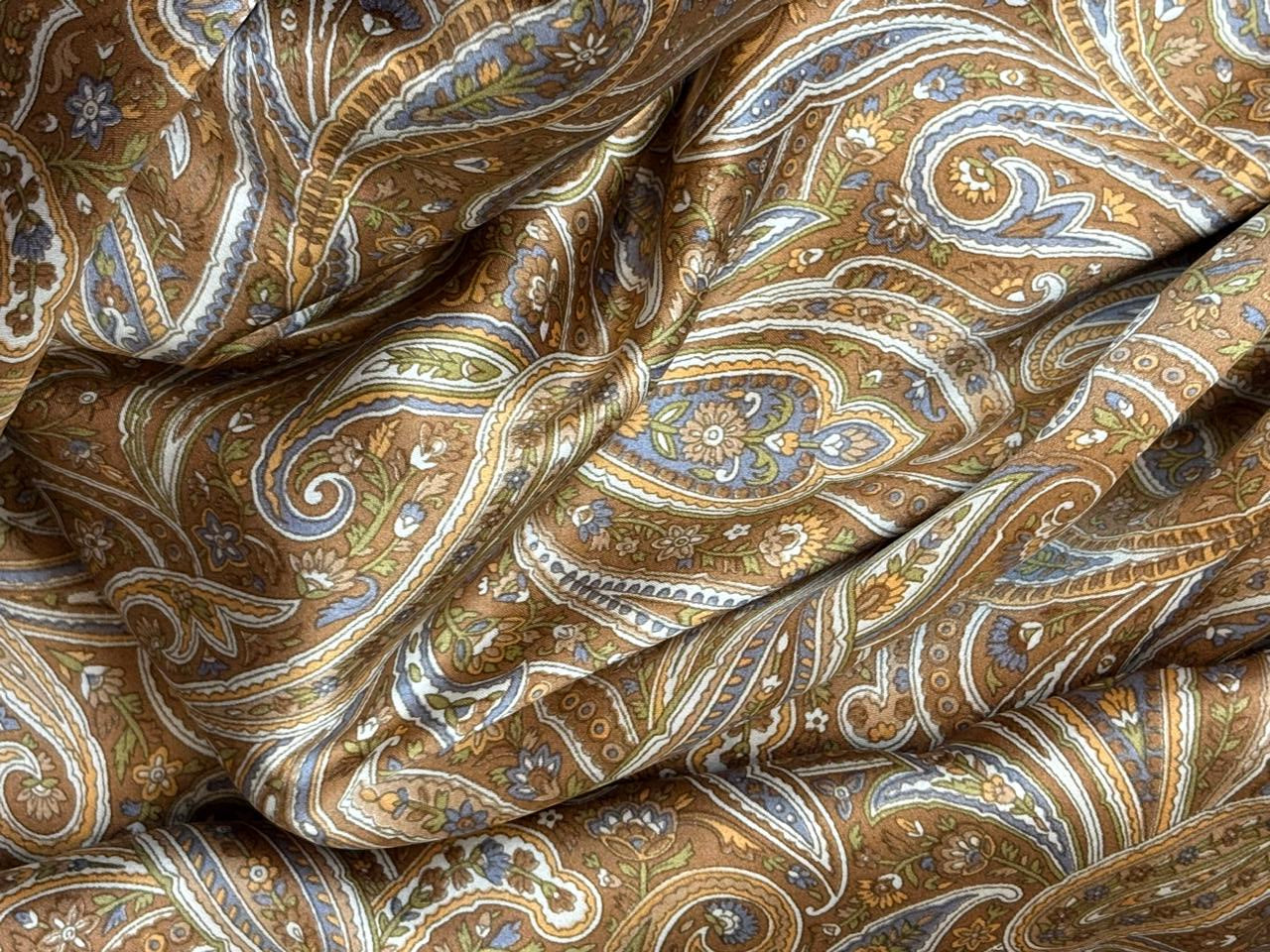 100% Pure Silk 80 grams satin printed 44"wide fabric shades of brown, mustard and grey PAISLEY PRINT [18431]