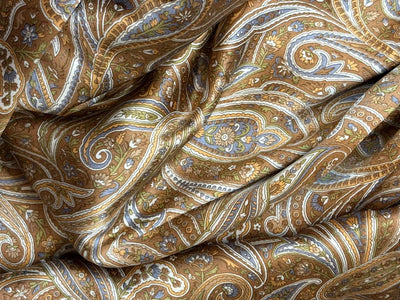100% Pure Silk 80 grams satin printed 44"wide fabric shades of brown, mustard and grey PAISLEY PRINT [18431]