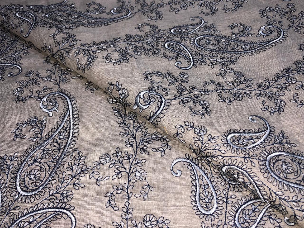 100% Linen  Kashmiri Embroidery available in 3 colors ivory with pink paisleys ,camel with navy paisley and ivory with beige paisley