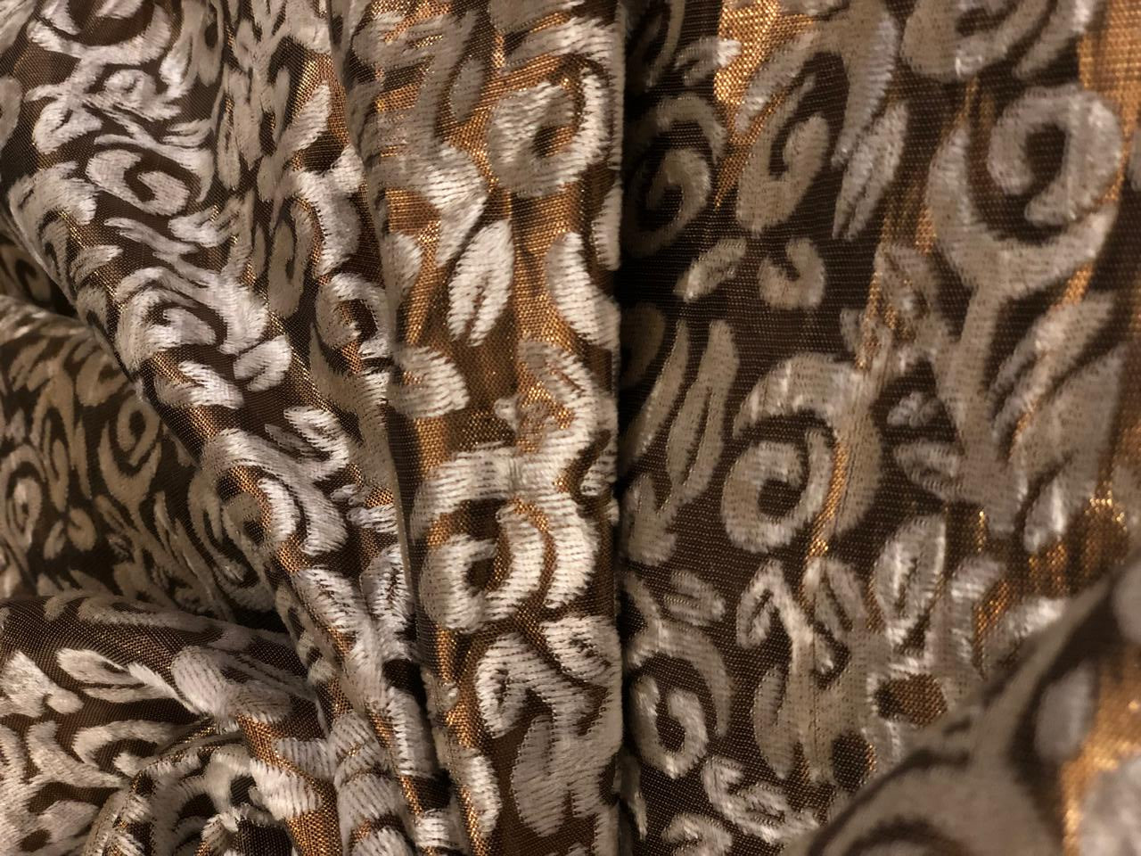White Devore Viscose Burnout Velvet fabric 44" wide antique gold available in 2 designs floral & swirl motifs [18313/14]