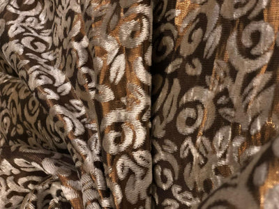 White Devore Viscose Burnout Velvet fabric 44" wide antique gold available in 2 designs floral & swirl motifs [18313/14]
