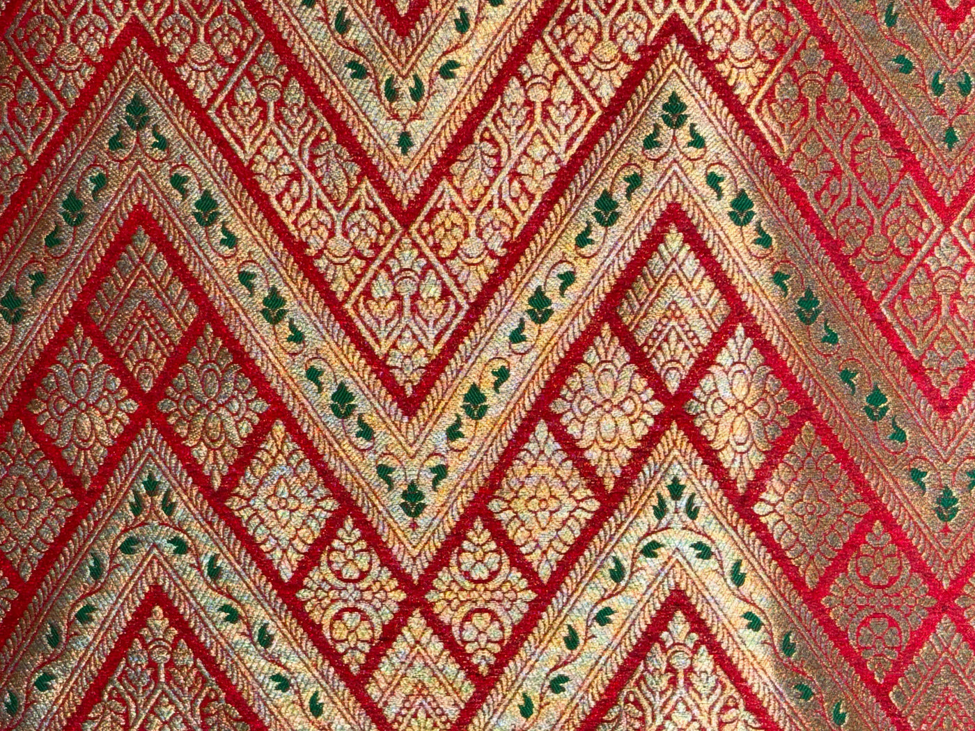 Silk Brocade fabric 44"red color geometric triangles x metallic gold jacquard and a hint of green leaves  BRO1044[2]