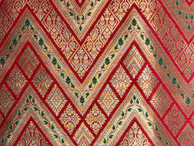 Silk Brocade fabric 44"red color geometric triangles x metallic gold jacquard and a hint of green leaves  BRO1044[2]