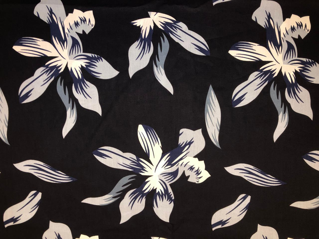 100% Cotton Poplin black navy with big white ,grey and navy floral motif  53" wide [18488]
