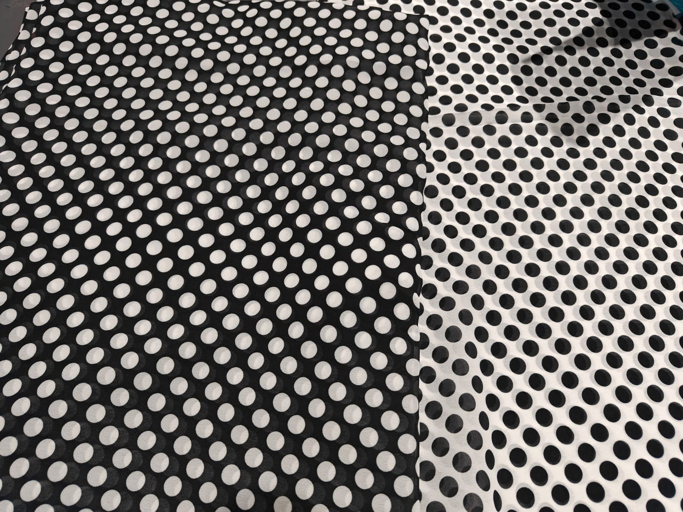 Polyester Georgette Print POLKA DOT available in black with white dots and white with black dots  44"[18258/59]