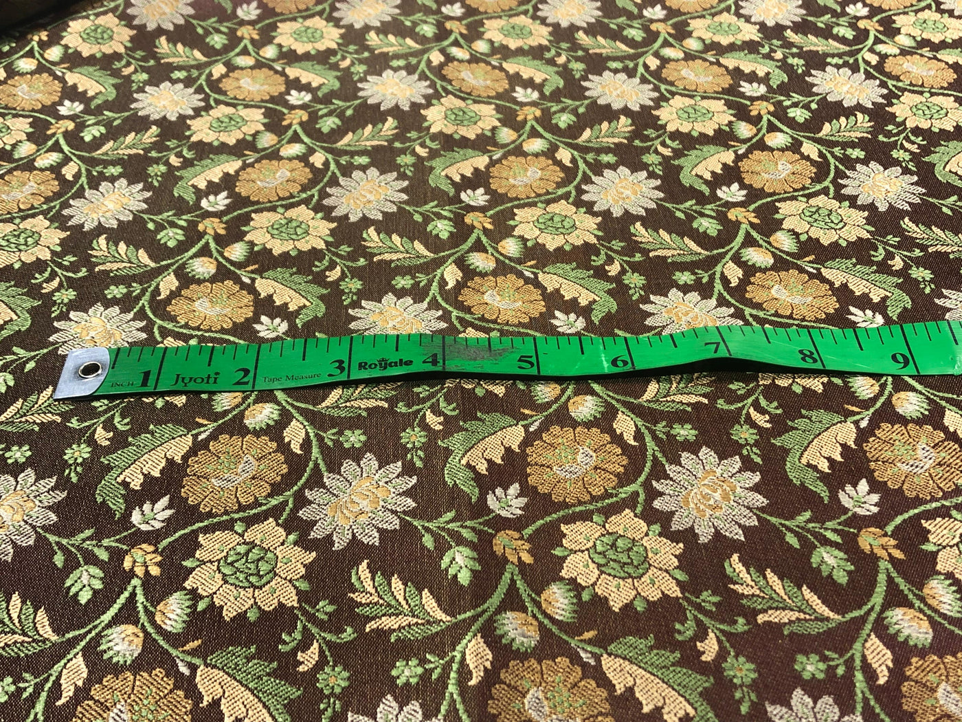 Silk Brocade fabric floral  jacquard brown with green and gold floral jacquard BRO1022[5]