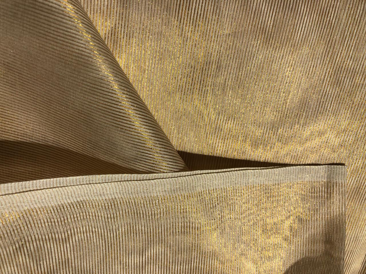 Silk Cotton Chanderi Fabric Natural ivory x metallic gold stripes 44&quot; wide [16563]