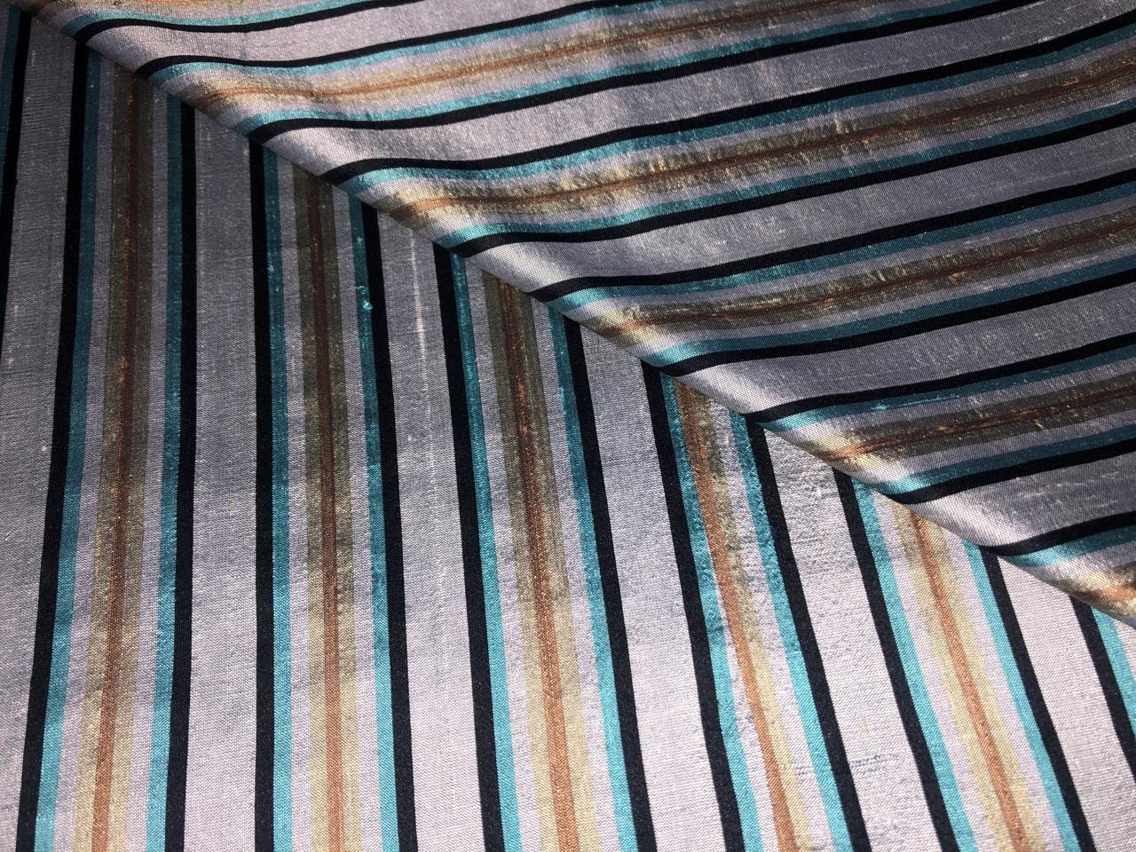 PURE SILK Dupioni FABRIC Silver grey, black ,blue and gold  color stripes DUPS12[1]