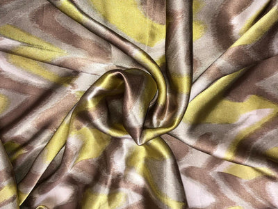 100% Pure Silk Satin 80 grams geometric print shades of silver, lime green and brown 54"Wide Fabric [18287]