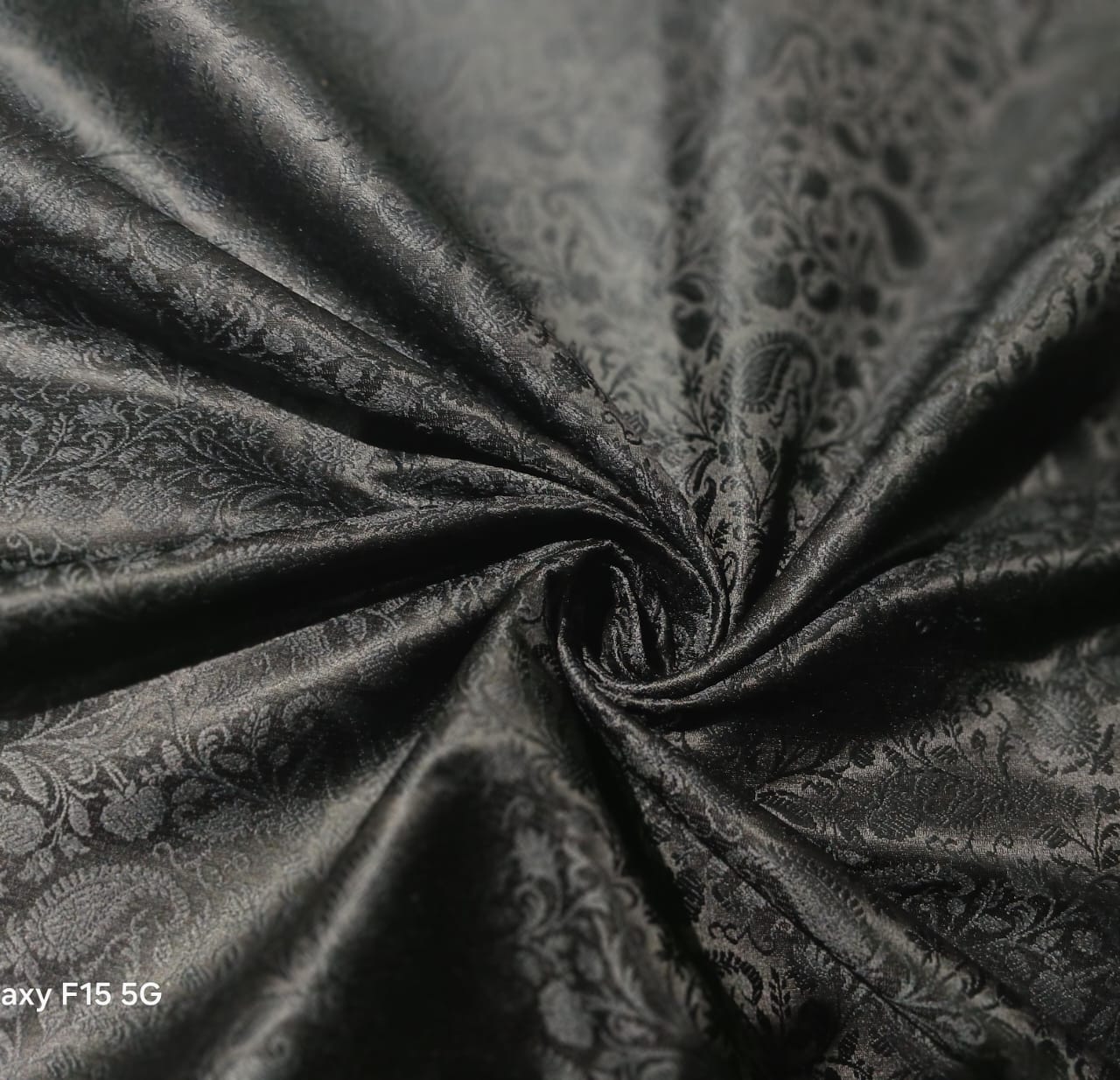 Silk Brocade Fabric JET BLACK SELF  jacquard 44" wide  BRO986 available in 3 styles paisleys ,and leaf motifs