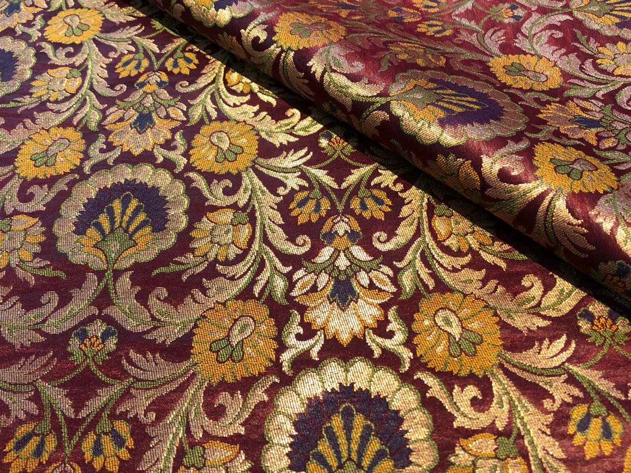 Silk Brocade fabric burgundy with pretty mustard, purple, green  floral jacquard BRO1092[2]