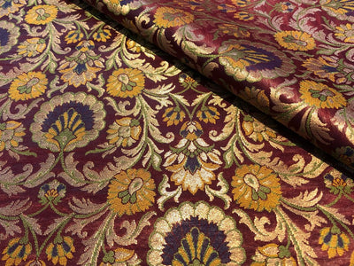 Silk Brocade fabric burgundy with pretty mustard, purple, green  floral jacquard BRO1092[2]