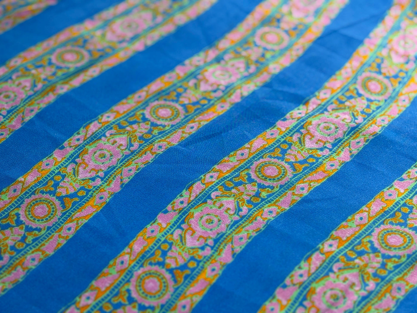 Pure silk  crepe printed fabric stripes of blue and orange, pink floral 54"[18263]