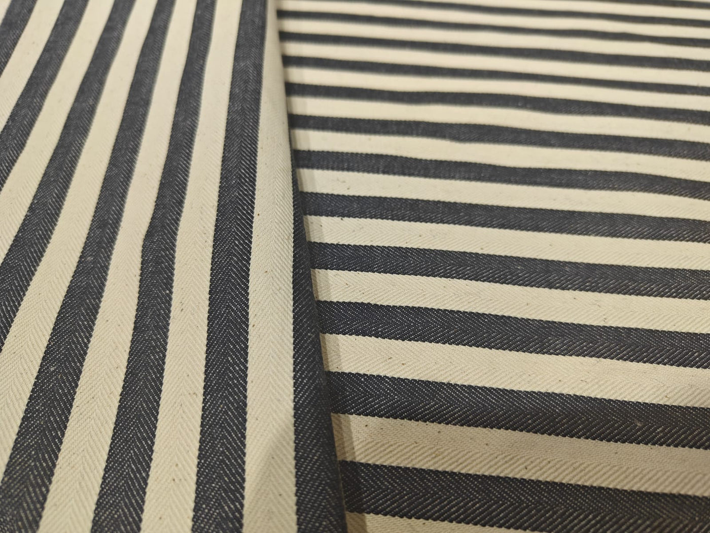 Cotton Denim Fabric ecru and navy herringbone stripes 58" wide [18241]ROLL
