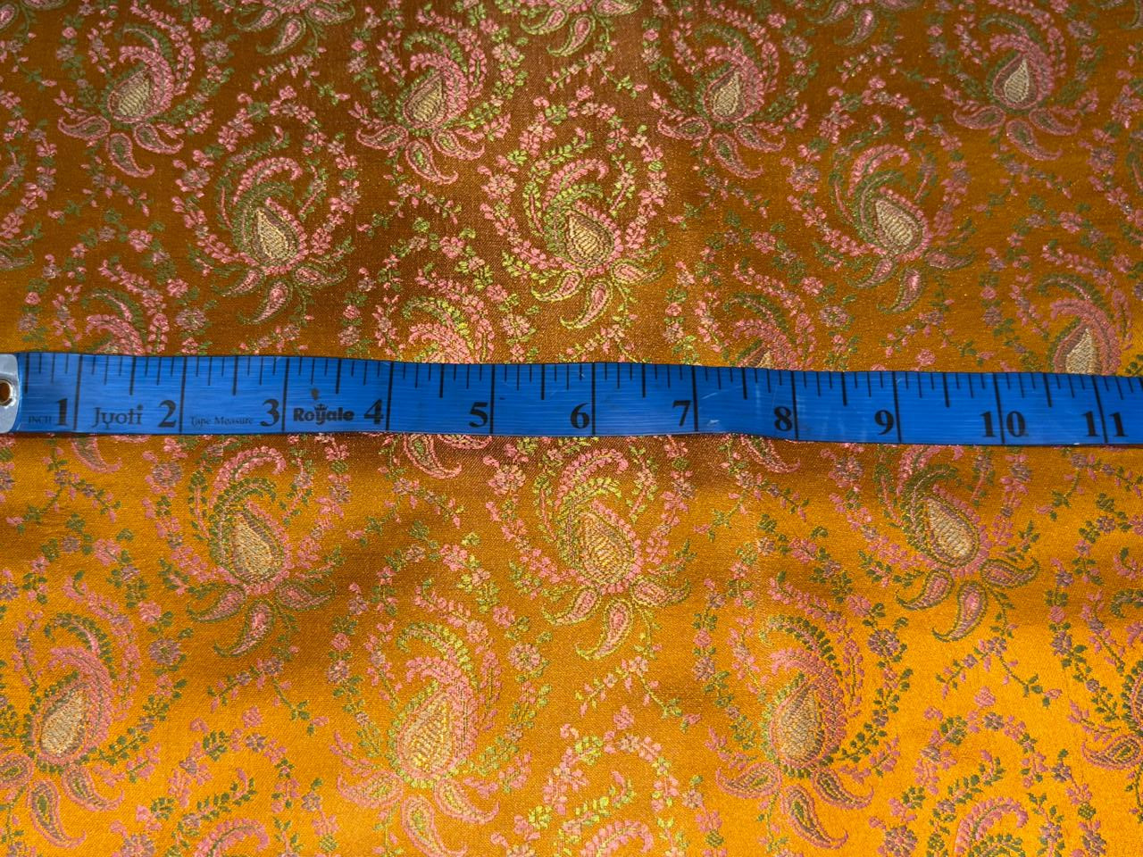 Silk Brocade fabric mustard orange with  green and pink paisley jacquard  BRO1082[1]