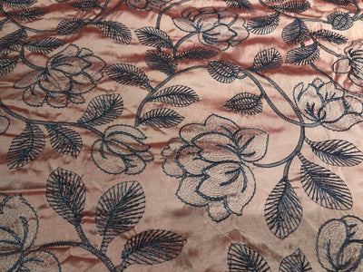 100% Silk dupioni peach with grey and brown floral [17232]