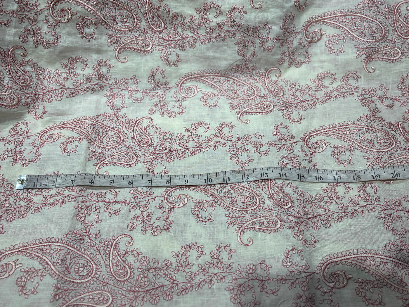 100% Linen  Kashmiri Embroidery available in 3 colors ivory with pink paisleys ,camel with navy paisley and ivory with beige paisley