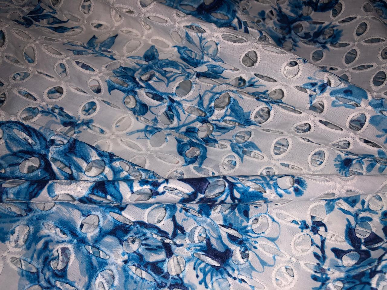 100% Cotton white with blue floral printed and hakoba embroidered fabric  58 inches wide 147 cms. [17303]