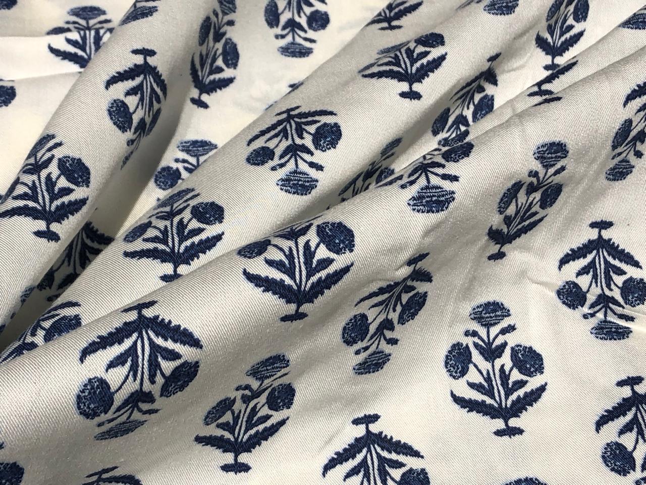 TENCEL Twill ivory with navy flower motif  Printed Fabric ~ 58&quot; wide [17293]