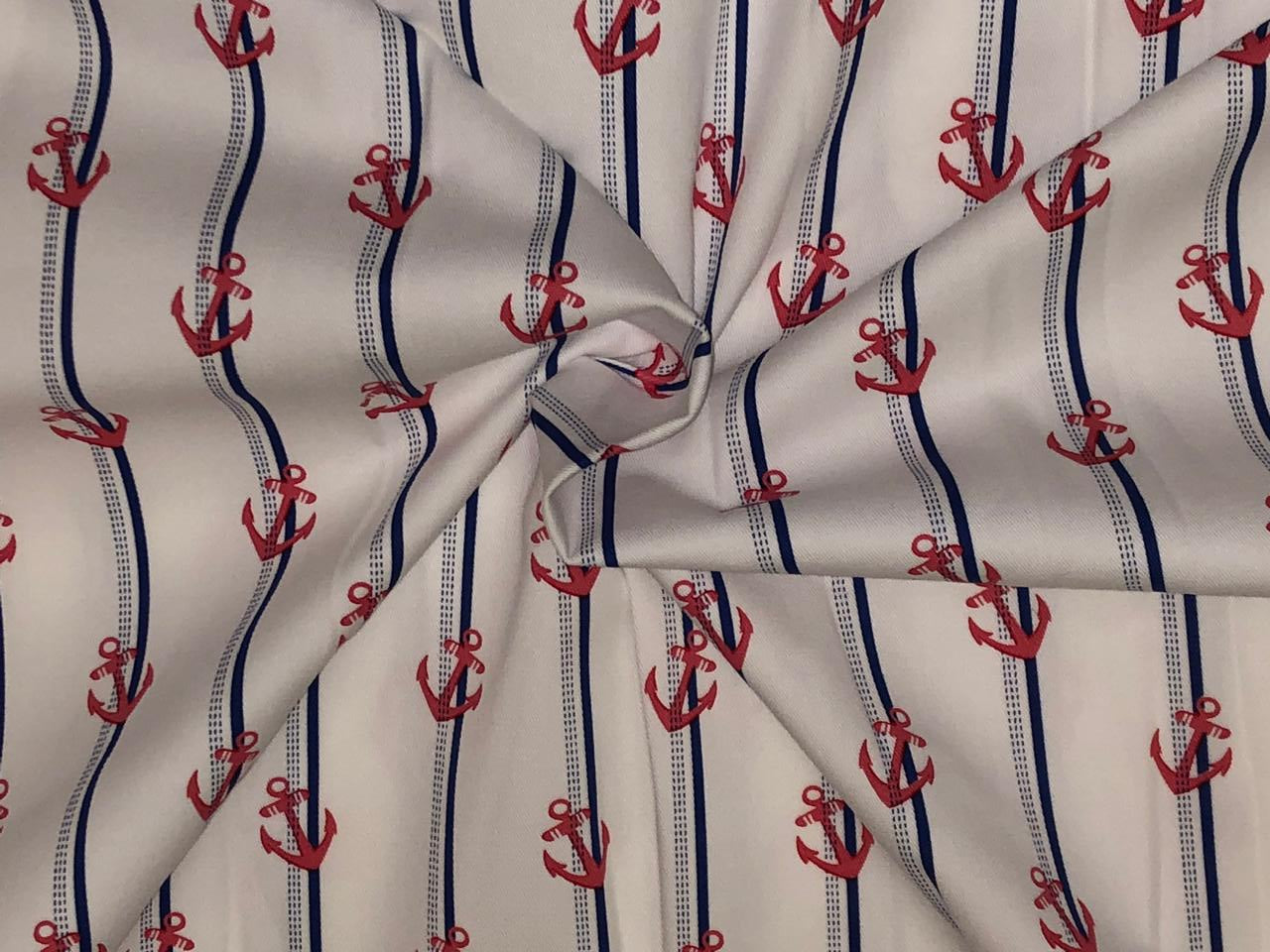 100% cotton poplin  twill weave navy blue /white stripe with red anchor  56" wide [18489]