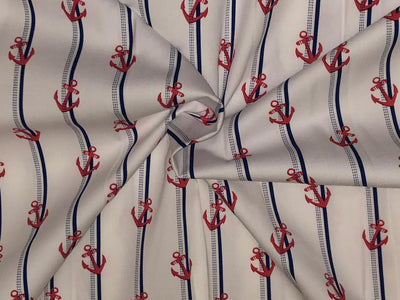 100% cotton poplin  twill weave navy blue /white stripe with red anchor  56" wide [18489]