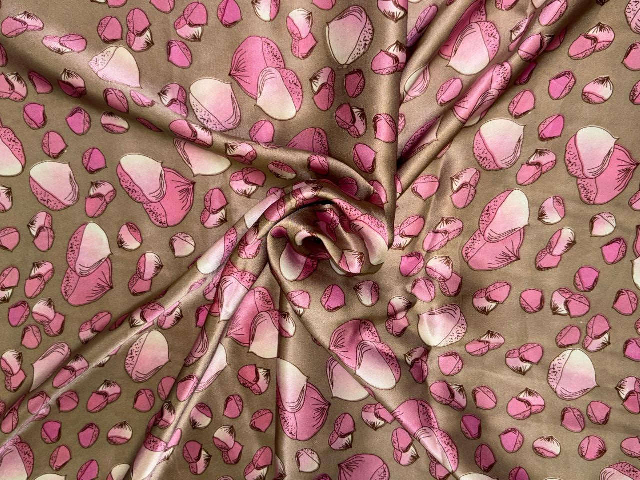 100% Pure Silk Satin 80 grams Dusty olive with pink motifs 54"Wide Fabric [18284]