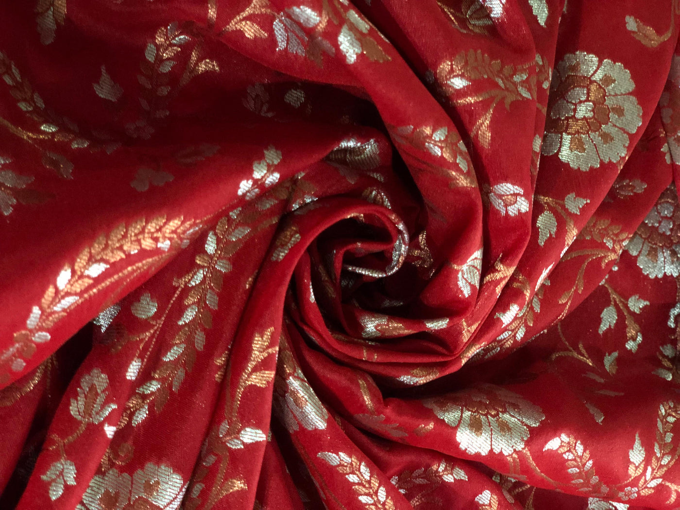 Silk Brocade fabric red with metallic silver and bronze BRO1036[2]