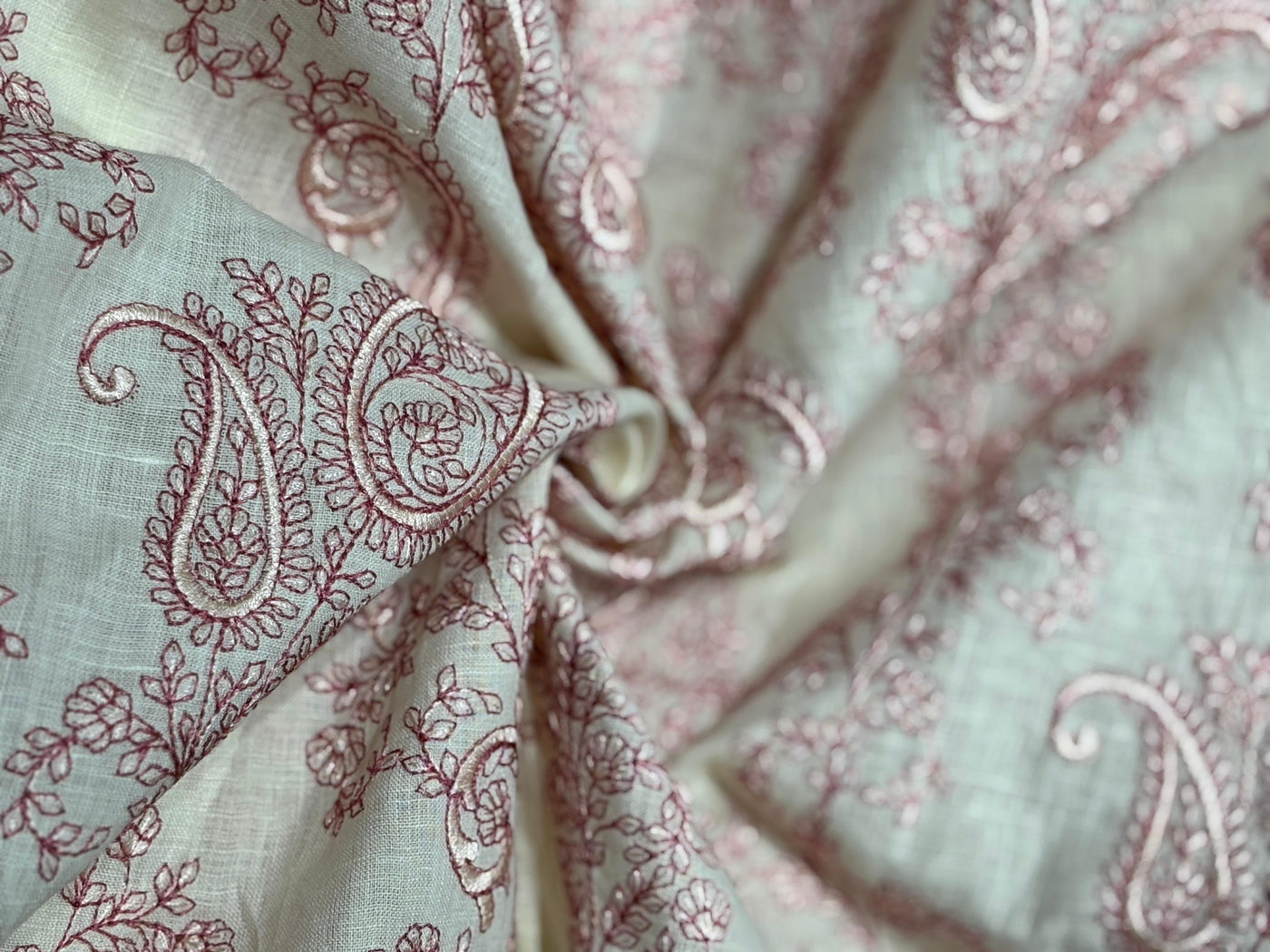 100% Linen  Kashmiri Embroidery available in 3 colors ivory with pink paisleys ,camel with navy paisley and ivory with beige paisley