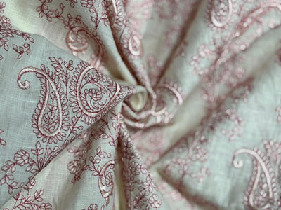 100% Linen  Kashmiri Embroidery available in 3 colors ivory with pink paisleys ,camel with navy paisley and ivory with beige paisley