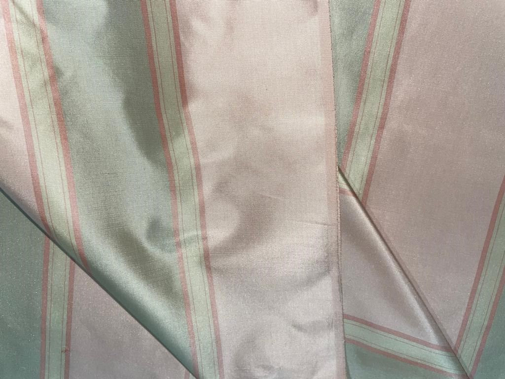 Silk Taffeta Fabric Pastel Light Peachy Pink,Green & Golden Beige stripes 54" wide TAFS29[3]