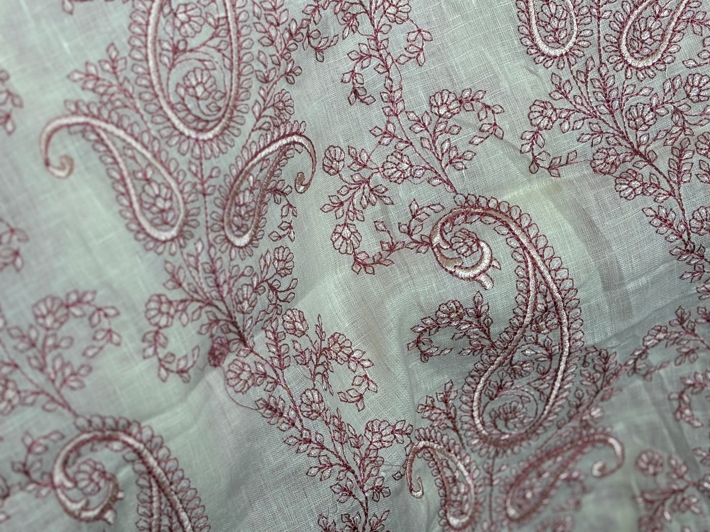 100% Linen  Kashmiri Embroidery available in 3 colors ivory with pink paisleys ,camel with navy paisley and ivory with beige paisley